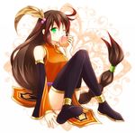  anklet bad_id bad_pixiv_id baozi bare_shoulders black_legwear braid brown_hair china_dress chinese_clothes chisa detached_sleeves dress eating feathers food green_eyes guan_yinping_(p&amp;d) hair_feathers holding jewelry long_hair long_sleeves low-tied_long_hair one_eye_closed orange_dress puzzle_&amp;_dragons single_braid sitting solo thighhighs very_long_hair 