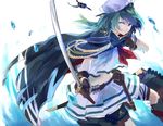  1girl blue_eyes boots cape eyepatch eyepatch_removed gloves green_hair kantai_collection kiso_(kantai_collection) kotaro-nosuke looking_at_viewer pixiv_manga_sample pleated_skirt scar scar_across_eye school_uniform serafuku skirt smile smirk solo sword weapon 