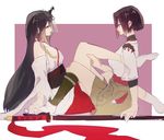  black_hair brown_hair detached_sleeves from_side fusou_(kantai_collection) hair_ornament hyuuga_(kantai_collection) imminent_sex kantai_collection kotaro-nosuke long_hair multiple_girls nontraditional_miko red_eyes short_hair simple_background sword tribadism weapon yuri 
