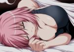 anime_coloring blanket blush breast_slip breasts cleavage closed_eyes commentary_request hitodama large_breasts lying nori_tamago on_side open_mouth pink_hair saigyouji_yuyuko short_hair sleeping solo tank_top touhou 