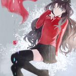  benibeni black_hair black_legwear blue_eyes fate/stay_night fate_(series) hair_ribbon highres jewelry long_hair long_sleeves pendant ribbon thighhighs toosaka_rin two_side_up zettai_ryouiki 