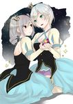  anastasia_(idolmaster) blue_eyes blush breasts cleavage crown dress drill_hair eye_contact gloves grey_hair highres idolmaster idolmaster_cinderella_girls kanzaki_ranko long_hair looking_at_another medium_breasts mini_crown multiple_girls open_mouth puffy_sleeves red_eyes short_hair silver_hair smile star!! thighhighs twin_drills twintails white_gloves white_legwear 