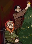  1boy 1girl barbara_gordon batman_(series) box christmas christmas_lights christmas_tree dc_comics glasses hat jason_todd oracle orange_hair santa_hat sweater two-tone_hair wheelchair 