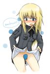 black_ribbon blonde_hair blue_eyes blush c-string embarrassed helma_lennartz highres long_hair long_sleeves looking_down maebari makaze_(t-junction) navel open_mouth ribbon shirt_lift solo speech_bubble twitter_username world_witches_series 