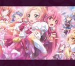  aino_megumi amanogawa_kirara blonde_hair blue_hair blush bow brown_hair crown cure_flora cure_fortune cure_honey cure_lovely cure_mermaid cure_princess cure_twinkle gloves go!_princess_precure green_eyes happinesscharge_precure! haruno_haruka highres hikawa_iona inoshishi_(ikatomo) kaidou_minami letterboxed long_hair looking_at_viewer magical_girl microphone multicolored_hair multiple_girls one_eye_closed oomori_yuuko open_mouth pink_bow pink_hair ponytail precure purple_hair shirayuki_hime twintails two-tone_hair white_gloves 