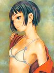  bikini black_hair bob_cut breasts cleavage copyright_request green_eyes highres murata_renji off_shoulder scan short_hair small_breasts smile solo swimsuit upper_body 