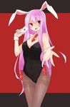 absurdres animal_ears breasts bunny_ears bunnysuit card cleavage detached_collar foreshortening highres leotard long_hair medium_breasts necktie outstretched_hand pantyhose playing_card purple_hair red_eyes red_neckwear reisen_udongein_inaba smile solo thigh_gap thighband_pantyhose touhou very_long_hair yukina_(masyumaro610) 