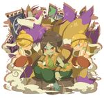  banner blonde_hair brown_hair green_sclera grin hair_over_one_eye high_ponytail hiraishin kyuubi kyuubi_(youkai_watch) long_hair multiple_boys multiple_tails oogama_(youkai_watch) polearm red_eyes sandals sitting smile spear tail ticktack_chicken weapon white_background yellow_eyes yellow_sclera youkai youkai_watch 