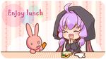  :d ^_^ ahoge animal_ears blush bunny carrot chibi closed_eyes colored_eyelashes english fork hair_ornament hands_together hood hooded_jacket jacket long_hair long_sleeves lunch lunchbox open_mouth purple_hair ruruko_(artist) smile solo twintails vocaloid voiceroid yuzuki_yukari 