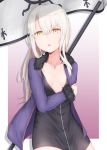  1girl anchor_necklace banner black_dress breasts cleavage collarbone cosplay cowboy_shot dress fate_(series) fur-trimmed_jacket fur_trim highres illyasviel_von_einzbern jacket jeanne_d&#039;arc_(alter)_(fate) jeanne_d&#039;arc_(alter)_(fate)_(cosplay) jeanne_d&#039;arc_(fate)_(all) jeanne_d'arc_(alter)_(fate) jeanne_d'arc_(alter)_(fate)_(cosplay) jeanne_d'arc_(fate)_(all) jewelry long_hair looking_at_viewer necklace open_clothes open_jacket open_mouth purple_jacket seven_d3t short_dress silver_hair small_breasts solo very_long_hair yellow_eyes 