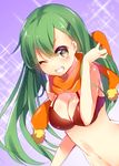  absurdres bikini blush breasts cleavage green_hair hair_ornament hairclip highres kantai_collection large_breasts long_hair navel nonomaro one_eye_closed orange_scarf scarf smile solo suzuya_(kantai_collection) swimsuit 