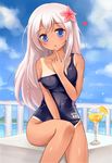  blue_eyes breasts drink flower hair_flower hair_ornament kantai_collection long_hair medium_breasts nikoo one-piece_swimsuit one-piece_tan ro-500_(kantai_collection) school_swimsuit solo strap_slip swimsuit tan tanline tropical_drink 