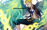  1boy blonde_hair blue_fire fiery_wings fire highres male_focus marco one_piece open_shirt pirate purple_shirt shirt solo tattoo wings 