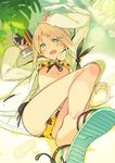  bikini blonde_hair blush book breasts cardigan fang green_eyes highres long_legs long_sleeves looking_at_viewer lying mk_(masatusaboten) navel on_back open_cardigan open_clothes open_mouth original sand sandals short_hair small_breasts smile solo swimsuit 