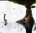  closed_eyes deemo deemo_(character) different_reflection girl_(deemo) lestored_cro magnolia_(deemo) petals reflection sitting smile spoilers tree water 