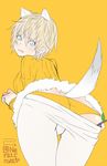  amai_nekuta animal_ears ass bent_over blonde_hair blue_eyes brave_witches breasts extra_ears looking_back medium_breasts nikka_edvardine_katajainen orange_shirt panties pantyhose pantyhose_pull ribbed_sweater shirt short_hair simple_background solo sweater tail twig twitter_username underwear weasel_tail world_witches_series 
