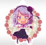  black_legwear blush chibi dagashi_kashi drooling flower hair_flower hair_ornament hair_ribbon hairband hand_on_hip open_mouth pantyhose pochi_(pochi-goya) purple_eyes purple_hair ribbon shidare_hotaru short_hair solo 