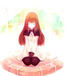  capelet closed_eyes deemo girl_(deemo) highres kisei2 long_hair neck_ribbon pantyhose ribbon sitting smile solo yubikiri_genman_(deemo) 