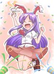  :d ^_^ animal_ears blush_stickers bunny_ears closed_eyes confetti gun happy hinate jumping long_hair lunatic_gun necktie open_mouth party_popper purple_hair red_neckwear reisen_udongein_inaba skirt smile solo touhou very_long_hair weapon 