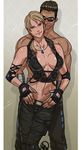  1boy 1girl blonde_hair breasts cleavage elbow_pads erect_nipples fingerless_gloves ganassa gloves johnny_cage midriff mortal_kombat navel shirtless sonya_blade sunglasses toned wrist_wraps 