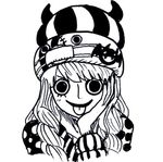  1girl :b animal_hat beanie hand_on_own_face hat medical_mask monochrome one_piece outline perona polka_dot solo surgical_mask tongue 