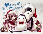  anyueh brown_hair chibi christmas deemo deemo_(character) gift girl_(deemo) looking_at_viewer sack santa_costume sitting smile snowman standing 