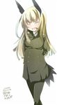  amai_nekuta animal_ears arms_behind_back blonde_hair closed_eyes grete_m_gollob highres long_hair military military_uniform open_mouth pantyhose simple_background smile solo tail twitter_username uniform world_witches_series 