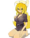  animal_ears bad_id bad_pixiv_id belt blonde_hair breasts cleavage cosplay fox_ears fox_tail hat highres large_breasts multiple_tails police police_uniform policewoman solo tail thighs touhou uniform white_background yakumo_ran yellow_eyes zuttokodomo 
