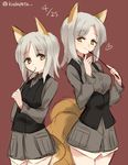  :o animal_ears blush brave_witches brown_eyes dated dual_persona edytha_rossmann fox_ears fox_tail heart holding kitsune kodamari long_hair long_sleeves military military_uniform multiple_girls multiple_tails older open_mouth pointer red_background silver_hair smile tail uniform world_witches_series 