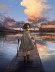  bad_id bad_pixiv_id blue_sky boots brown_footwear building cloud cloudy_sky coat dock hanno highres long_sleeves looking_to_the_side original power_lines reflection scenery short_hair sky sleeves_past_wrists solo tree utility_pole walking water wind 