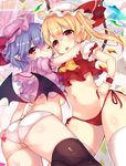  ass bat_wings black_legwear blonde_hair blue_hair blush flandre_scarlet hat highres looking_at_viewer multiple_girls navel one_eye_closed open_mouth panties paragasu_(parags112) pointy_ears red_panties remilia_scarlet short_hair short_sleeves side-tie_panties side_ponytail thighhighs touhou underwear white_legwear white_panties wings 