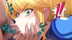  1boy 1girl bad_id bad_pixiv_id blonde_hair censored chin_grab cum cum_in_mouth face_grab fellatio green_eyes hetero irrumatio kira_keita long_hair male_pubic_hair metroid mosaic_censoring oral penis pubic_hair samus_aran zero_suit 