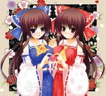  alternate_color bare_shoulders blue_eyes blush bow breasts brown_hair detached_sleeves dual_persona flower_(symbol) hair_bow hair_tubes hakurei_reimu heart heart_hands heart_hands_duo kom_(1323736) large_breasts long_hair navel open_mouth player_2 red_eyes symmetrical_pose touhou white_sleeves 