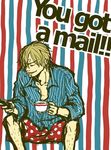  1boy abstract_background blonde_hair boxers cigarette coffee coffee_mug cup eyes_closed hair_over_one_eye male_focus one_piece phone pinstripe_pattern polka_dot sanji shirt sitting smile smoking solo striped_background striped_shirt underwear 