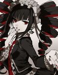  black_hair black_nails bonnet celestia_ludenberck danganronpa danganronpa_1 drill_hair earrings gothic_lolita hand_to_own_mouth jewelry jpeg_artifacts lolita_fashion nail_polish necktie pale_skin red_eyes red_neckwear simple_background solo twin_drills wonoco0916 