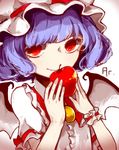  apple argon_(caocaocaocaocao) artist_name bat_wings blouse blue_hair brooch faux_traditional_media food fruit hat hat_ribbon highres jewelry looking_at_viewer mob_cap red_eyes remilia_scarlet ribbon short_hair short_sleeves simple_background smile solo touhou upper_body white_background wings wrist_cuffs 