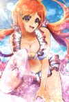  1girl :d bangs bikini bleach blue_sky breasts brown_eyes cleavage collarbone floating_hair frilled_bikini frills hair_ornament inoue_orihime large_breasts long_hair open_mouth orange_hair outdoors parted_bangs shiny shiny_hair sky smile solo summer sunlight swimsuit twintails umi_(pixiv6861961) very_long_hair white_bikini 