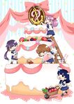  :d ahoge akebono_(kantai_collection) bandaid bandaid_on_face bell black_hair blue_skirt blueberry brown_eyes brown_hair cake chibi commentary_request crab flower food fruit hair_bell hair_flower hair_ornament jingle_bell kantai_collection kimky long_hair minigirl multiple_girls neckerchief oboro_(kantai_collection) open_mouth pastry_bag pink_eyes pink_hair pleated_skirt ponytail purple_eyes purple_hair sazanami_(kantai_collection) school_uniform serafuku short_hair side_ponytail skirt smile twitter_username ushio_(kantai_collection) wheelbarrow 