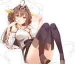  ahoge bad_id bad_twitter_id bare_shoulders blush boots breasts breasts_apart brown_eyes brown_footwear brown_hair cleavage collarbone cup detached_sleeves double_bun full_body headgear kantai_collection knees_together_feet_apart kongou_(kantai_collection) large_breasts licking_lips long_hair looking_at_viewer mx2j_(nsh6394) nontraditional_miko pinky_out reclining ribbon-trimmed_sleeves ribbon_trim sitting smile solo teacup thigh_boots thighhighs thighs tongue tongue_out unfinished 