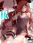  anna_(granblue_fantasy) arm_garter blush brown_eyes brown_hair cat_hair_ornament frilled_swimsuit frills gothic_lolita granblue_fantasy hair_ornament hair_over_one_eye leg_garter lolita_fashion long_hair looking_at_viewer miwayama one-piece_swimsuit smile stuffed_toy swimsuit umbrella very_long_hair 