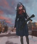  1girl blurry blurry_background breath coat commentary girls_frontline gun hair_ribbon highres looking_at_viewer outdoors pantyhose ribbon scarf shotgun silver_hair solo spas-12 spas-12_(girls_frontline) treeman twintails weapon winter winter_clothes 