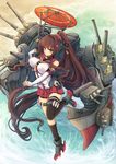  breasts brown_eyes brown_hair detached_sleeves flower goushou hair_flower hair_ornament kantai_collection large_breasts long_hair ponytail skirt smile solo thighhighs yamato_(kantai_collection) 