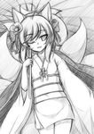  ;3 animal_ears cowboy_shot flower fox_ears fox_tail greyscale hair_flower hair_ornament hair_ribbon highres inari_(sennen_sensou_aigis) japanese_clothes kimono minaha_(playjoe2005) monochrome multiple_tails obi oriental_umbrella ribbon sash sennen_sensou_aigis short_kimono solo tail umbrella 