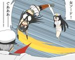  bare_shoulders black_hair blood commentary elbow_gloves female_admiral_(kantai_collection) gloves hairband headgear human_weapon kantai_collection long_hair me2o midriff mimikokomomo multiple_girls nagato_(kantai_collection) navel open_mouth parody thighhighs too_literal translated 