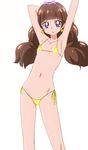  amanogawa_kirara bikini breasts brown_hair earrings go!_princess_precure hairband jewelry long_hair looking_at_viewer manji_(tenketsu) precure purple_eyes side-tie_bikini simple_background small_breasts solo star star_earrings swimsuit twintails white_background yellow_bikini 