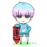  bigbang brown_eyes chibi crayon earrings g-dragon hand_on_hip jewelry k-pop leaning loafers looking_at_viewer male_focus multicolored_hair shoes shorts socks solo standing sweater white_legwear white_socks 