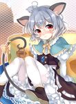  animal animal_ears animal_on_head basket blush boots bow capelet cheese food grey_hair highres jewelry long_sleeves looking_at_viewer mouse mouse_ears mouse_tail nazrin on_head pantyhose paragasu_(parags112) pendant red_eyes ribbon short_hair sitting solo tail tail_bow tail_ribbon touhou white_legwear 