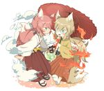  animal_ears blue_eyes blush brown_hakama dual_persona fire glasses green_eyes hakama inazuma_eleven_(series) inazuma_eleven_go inazuma_eleven_go_chrono_stone japanese_clothes kemonomimi_mode kimono kirino_ranmaru kirino_ranmaru_(mixi_max_jeanne_d'arc) long_hair male_focus multiple_boys no_shoes open_mouth oriental_umbrella pink_hair print_hakama red_hakama sandals tabi tail ticktack_chicken twintails umbrella 