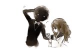  arm_behind_head bangs bow bowtie brown_hair deemo deemo_(character) fc_(efushii) flying_sweatdrops girl_(deemo) holding long_hair long_sleeves profile reading scratching_head sheet_music simple_background upper_body white_background white_neckwear wide_sleeves 