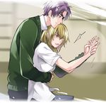  1girl blonde_hair eyepatch gekkan_shoujo_nozaki-kun grabbing grabbing_from_behind purple_hair red_eyes seo_yuzuki short_hair wakamatsu_hirotaka warable 